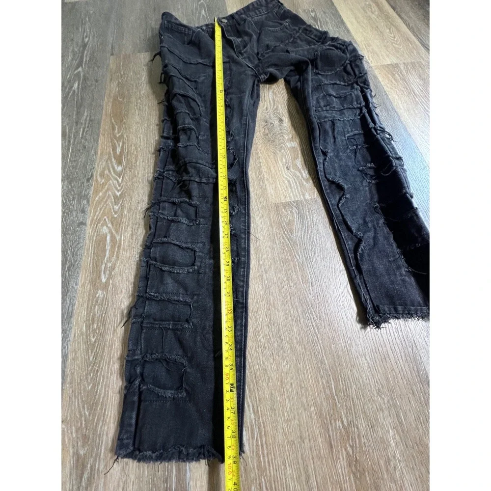 Unbranded Distressed Patchwork Jeans Mens 32 Black Raw Edge Frayed Straight Leg